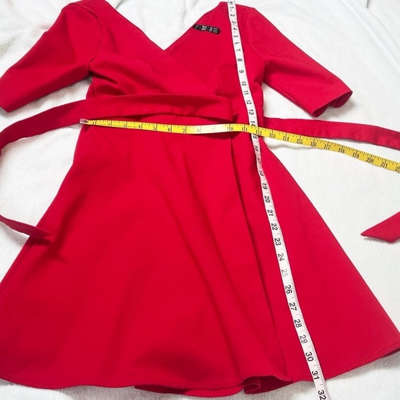 Zara V Neck Solid Red Wrap Mini Dress Short Sleeve Extra Small Sash Tie - Picture 7 of 10